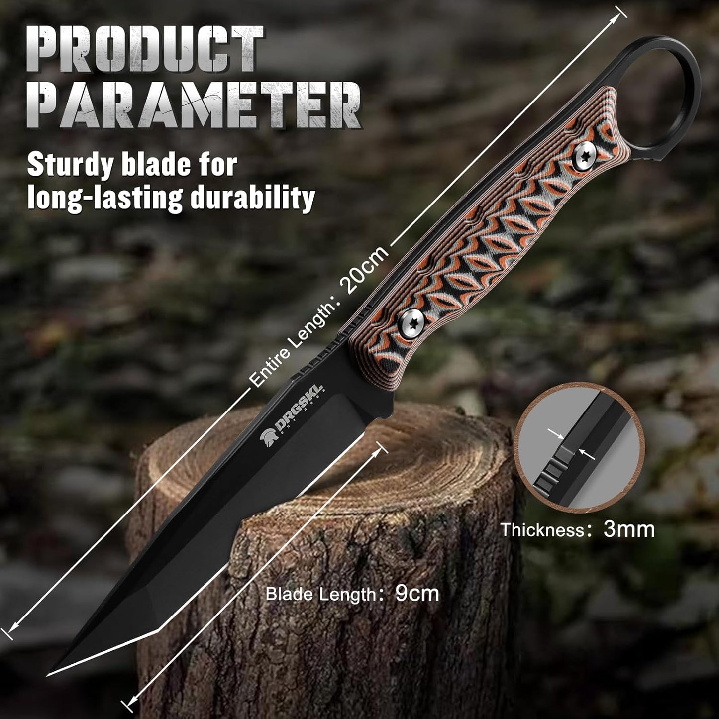 DRGSKL Tanto Fixed Blade Knife - Full Tang Survival Knives for Bushcraft, Camping Knives with Sheath, Black Knives Forged from a Single Piece of D2 Steel, Ideal Gift for Men