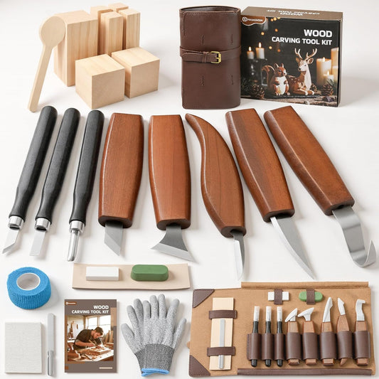Housolution Wood Carving Kit with Leather Case, 24PCS Wood Carving Tools Whittling Kit Includes Carving Knives Carving Chisels Basswood Blocks Spoon Gloves, Woodworking Tools for Beginners DIY Hobbies