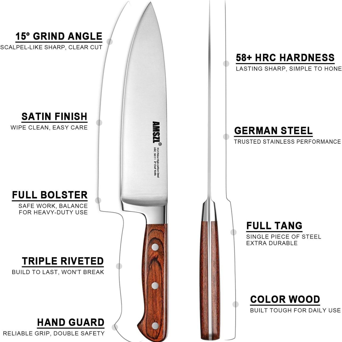 8 Inch Chef Knife Professional – Ultra Sharp German High Carbon Stainless Steel Blade Full Tang with Ergonomic Pakkawood Handle, Chef’s Knife for Slicing Meat Dicing Vegetables Home Kitchen