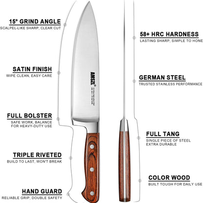 8 Inch Chef Knife Professional – Ultra Sharp German High Carbon Stainless Steel Blade Full Tang with Ergonomic Pakkawood Handle, Chef’s Knife for Slicing Meat Dicing Vegetables Home Kitchen