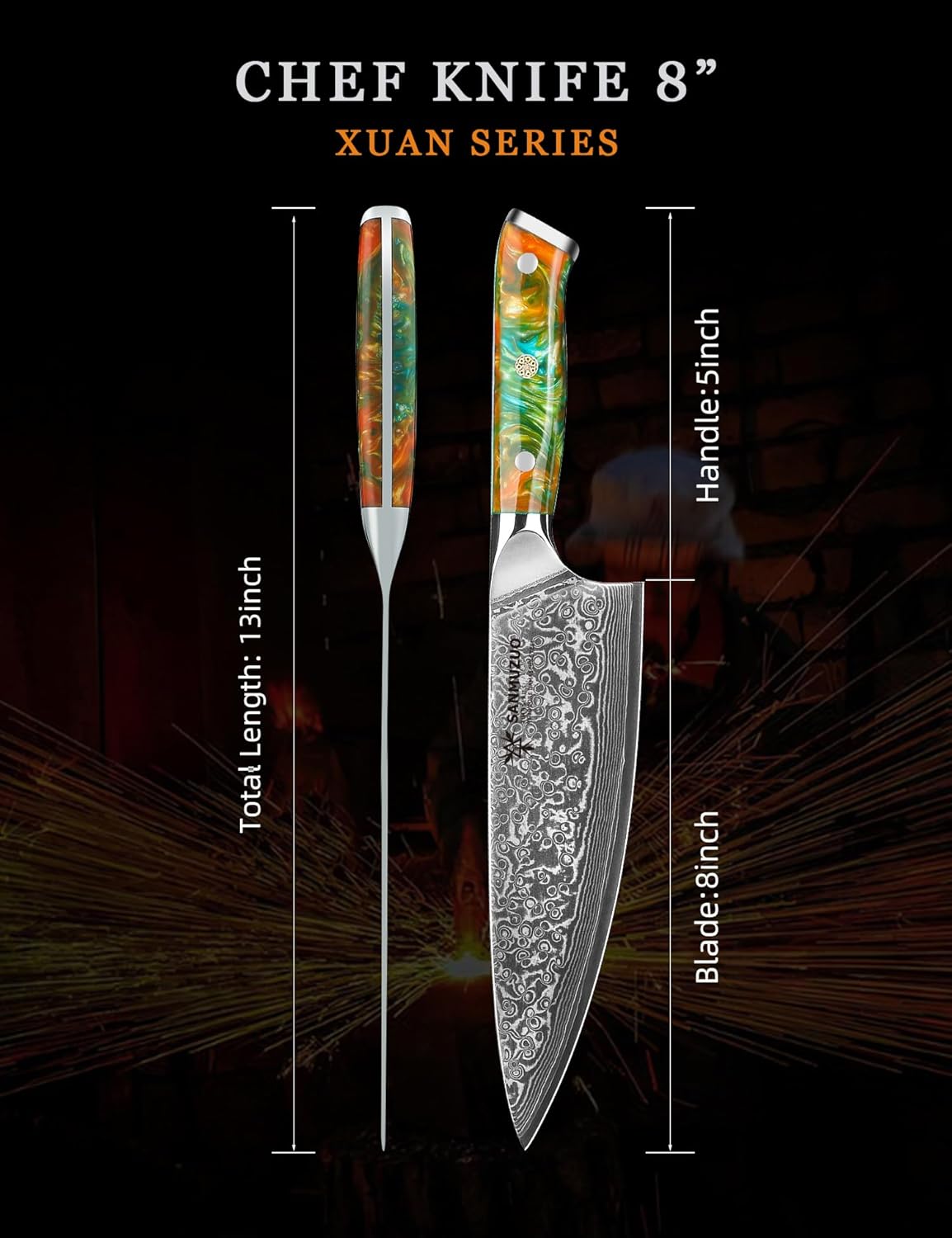 Chef Knife - 8 inch - Xuan Series - VG10 Damascus Steel Kitchen Knife - Resin Handle (Sapphire Blue)