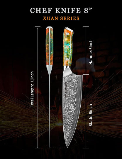 Chef Knife - 8 inch - Xuan Series - VG10 Damascus Steel Kitchen Knife - Resin Handle (Sapphire Blue)