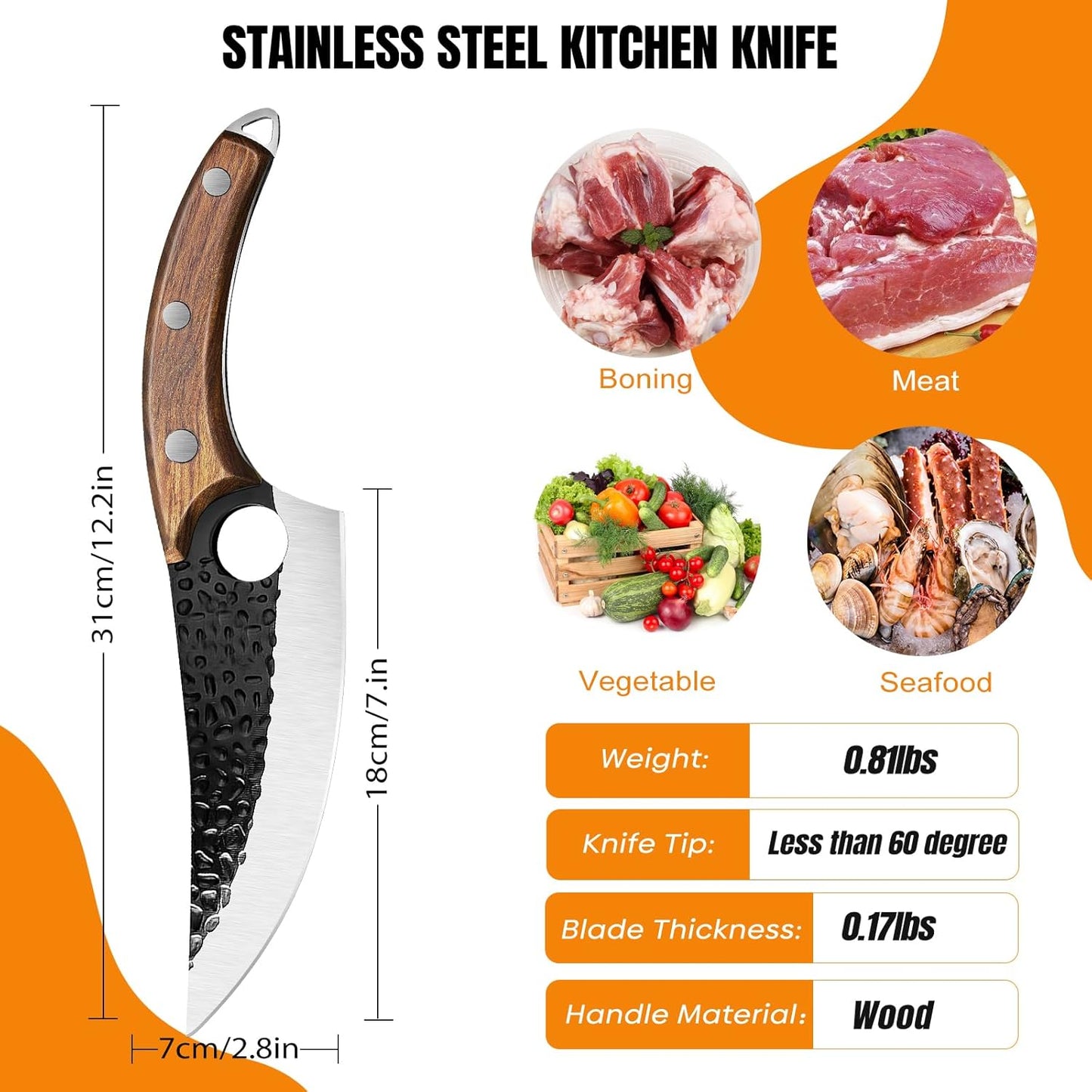ZENG Butcher Knife Hand Forged Boning Knife with Sheath Viking Style, High Carbon Steel Japanese Chef Knife Meat Cleaver Knife for Kitchen, Camping, Outdoor, BBQ