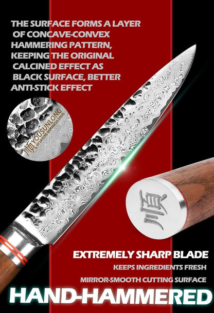 YOUSUNLONG Utility Knife Kitchen 5 Inch Petty Knife - Japanese Hammered Damascus Steel - Razor Sharp Blade - Natural Walnut Wooden Handle
