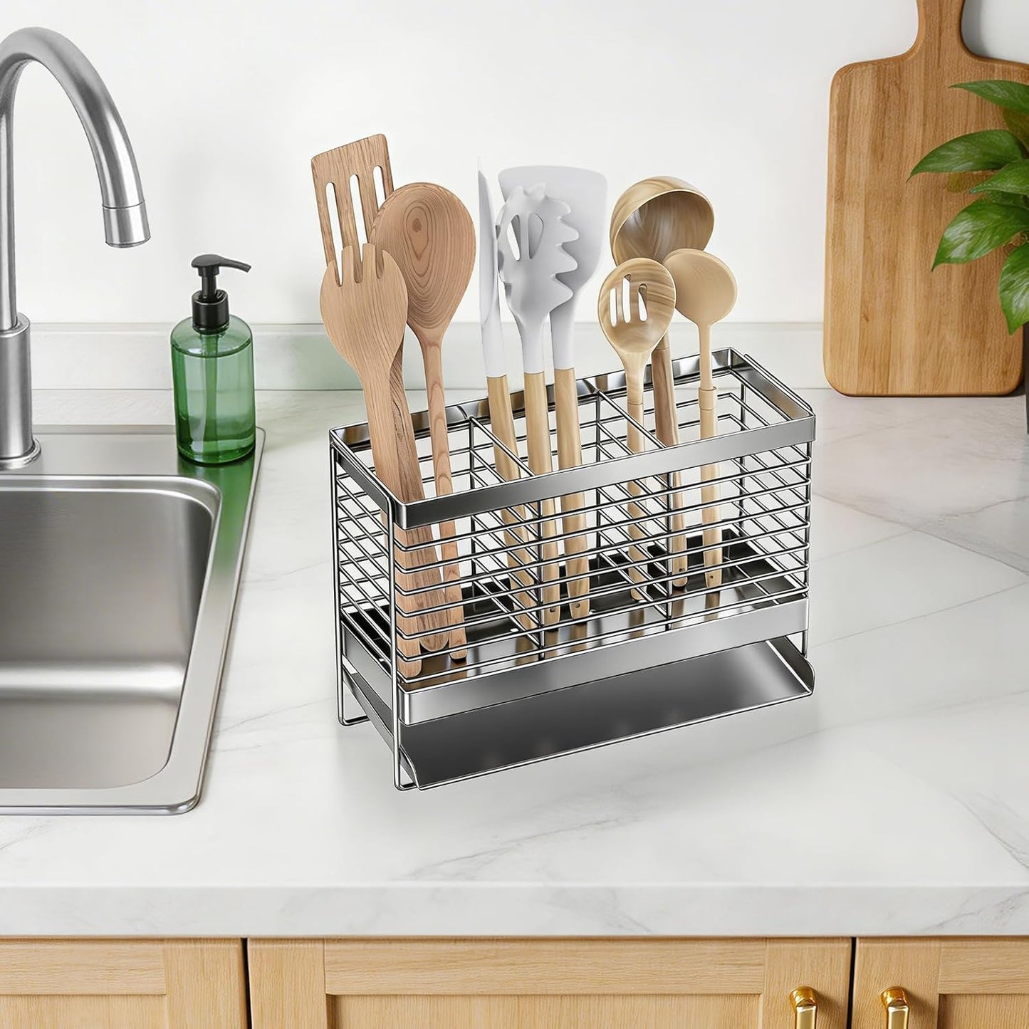 Utensil Holder, Upgrade Stainless Steel Utensil Drying Rack with Automatic Drain Tray for Kitchen Counter, Silverware Cutlery Organizer for Spoons, Forks, Knifes, Chopsticks (Black)
