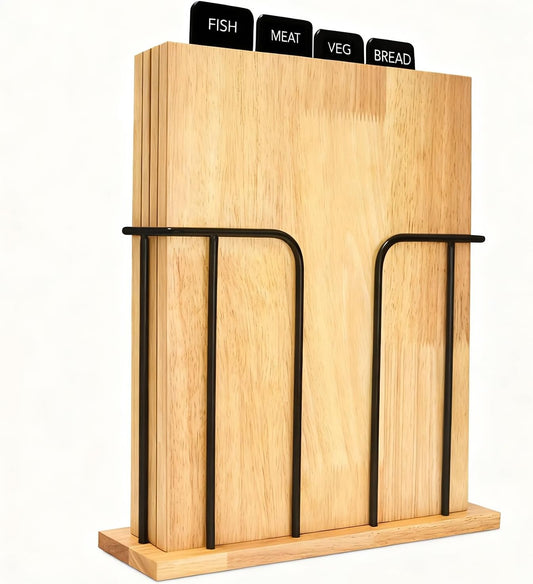 Wood Cutting Board Set with Metal Stand - 4-Piece Labeled Chopping Boards for Meat, Vegetables, Bread & Fish, Non-Toxic & FSC Certified - Perfect for Kitchen, RV & Buffet, Safe & Durable Choice