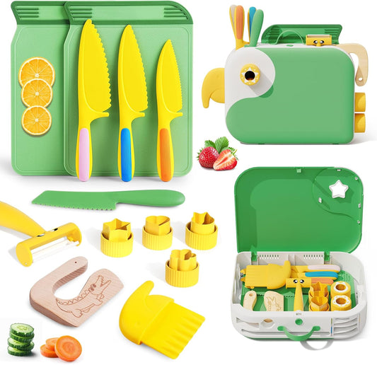 Kids Kitchen Knife Set for Real Cooking with Storage Box Pink, Montessori Kitchen Toy with Cutting Board, Plastic Toddler Knives, Peeler, Wooden Safe Knife for Age 3 4 5 6 7 8