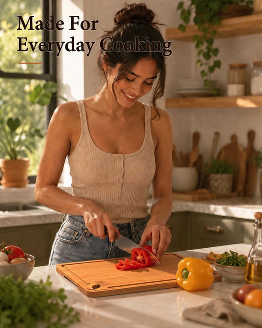 Cutting Boards for Kitchen, Bamboo Cutting Board Set of 3 with Storage Stand, Deep Carbonized Chopping Boards with Deep Juice Grooves and Side Handles for Meat, Vegetables, Fruit and Meal Prep