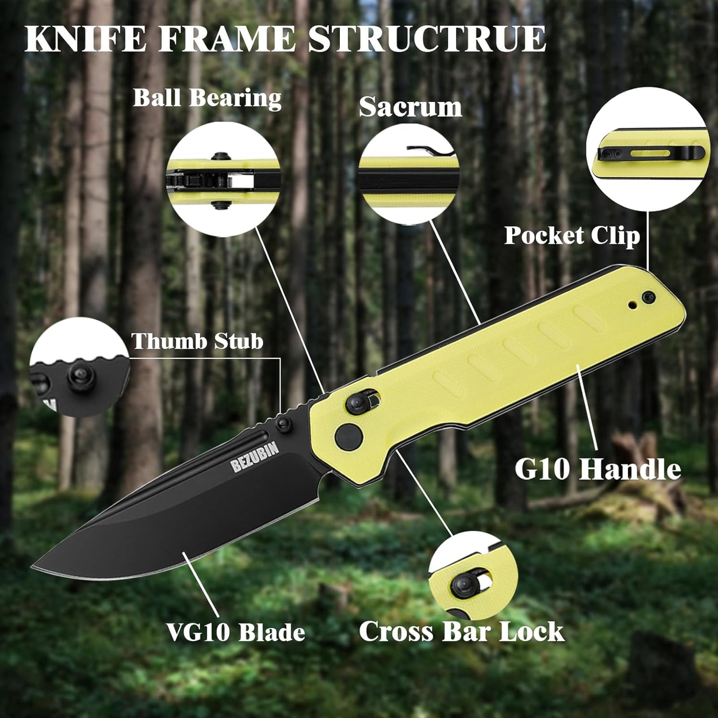 Folding Pocket Knife 3.25" VG10 Blade EDC Folding Knife with Safety Axis Lock Black G10 Handle Hunting Camping Knife with Thumb Stud Opener