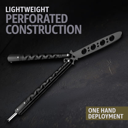 GOOD WORKER Butterfly Knife - Balisong Trainer - Black Practice Butterfly Trainer with Sure Spring Latch - Balisong Knives NOT Real NOT Sharp Blade - Full Stainless Steel Fake Dull Trick