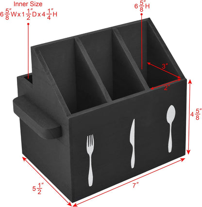 Ikee Design Wooden Utensil Caddy with Handles, Silverware Caddy, Silverware Holder for Countertop,Party,Camping and Kitchen, Organizer, Picnic Cutlery Holders, Black Color