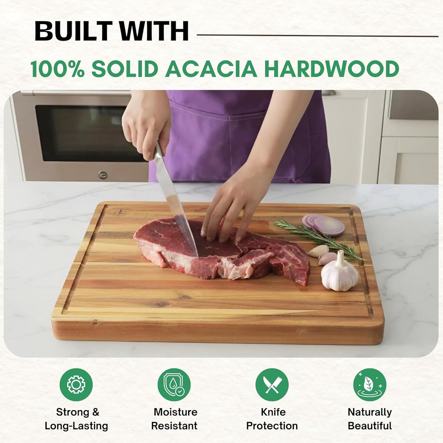 End Grain Acacia Wood Cutting Boards for Kitchen, 1.5 in Thick Butcher Block Construction for Stability, 15 x 10 in Medium Cutting Boards with Gift Box, Juice Groove and Handle