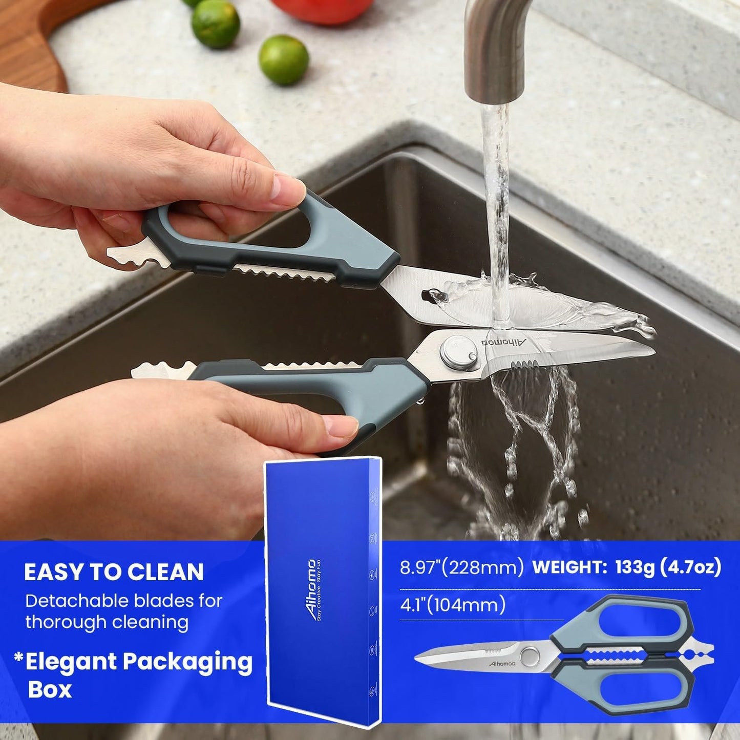 Sharp Nordic-Style Kitchen Shears Soft Comfort Handle, All Purpose Scissors with Herb Stripper, Detachable Cooking Scissors, Micro-Serrated Blade for Food Chicken Meat Herb Packaging
