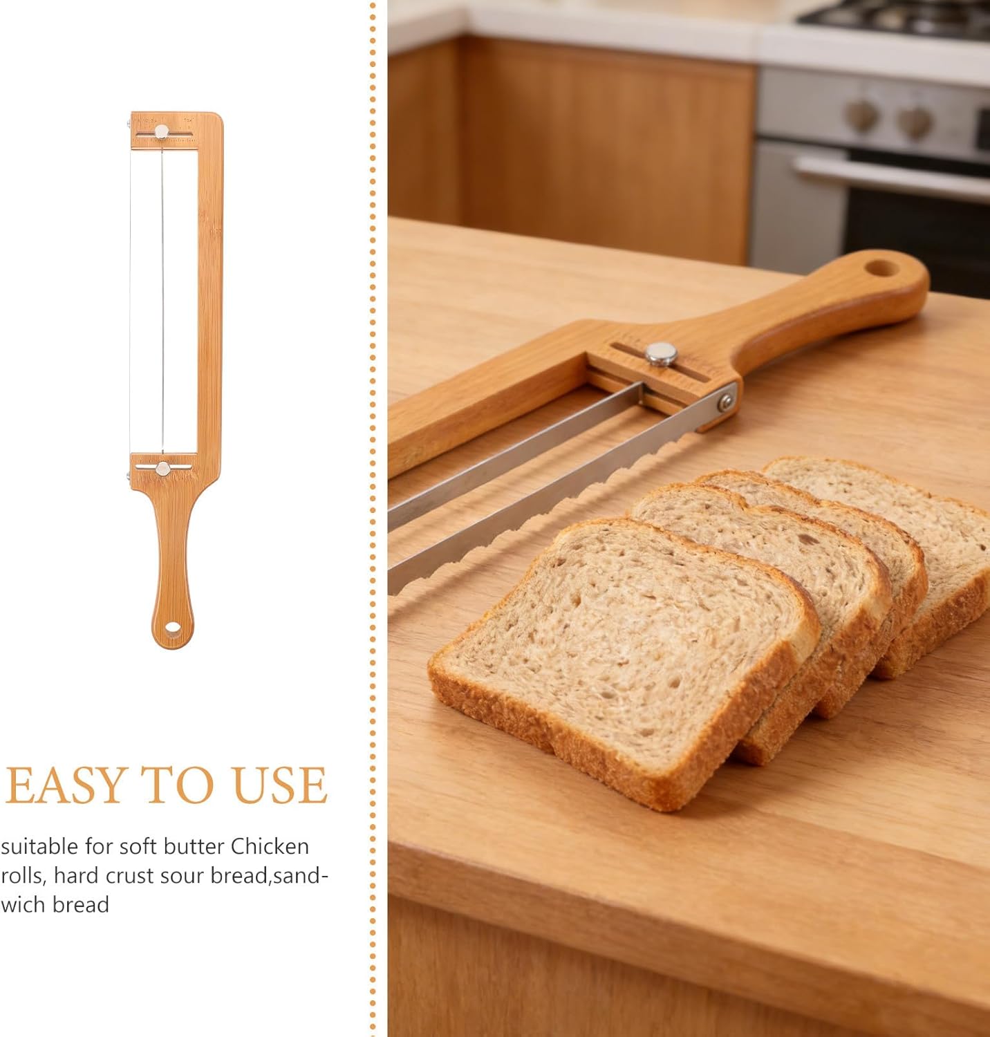 DECHOUS Adjustable Bread Slicer for Sourdough - Homemade Bread Knife with Thickness Guide, Sharp Stainless Serrated Blade, Bamboo Frame for Bagels, Baguettes