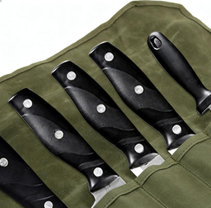 Waxed Canvas Chef Knife Roll Bag | Multi-Slot Protector Professional Organization for Kitchen Tools & Cutlery - Secure Blade Holder Travel Pouch & Multi-Purpose Storage Case
