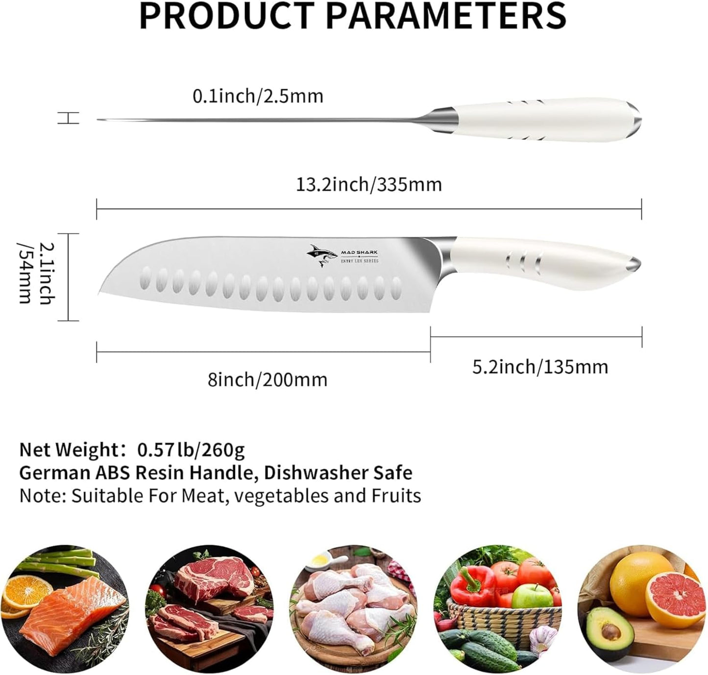 MAD SHARK 8 Inch Santoku Knife - Ultra Sharp Japanese Kitchen Knife with High Carbon German Steel, Ergonomic Handle, Ideal for Slicing, Dicing, Cutting - Unique Gift for Chefs, Men & Women (Black)