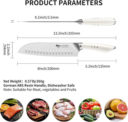 MAD SHARK 8 Inch Santoku Knife - Ultra Sharp Japanese Kitchen Knife with High Carbon German Steel, Ergonomic Handle, Ideal for Slicing, Dicing, Cutting - Unique Gift for Chefs, Men & Women (Black)