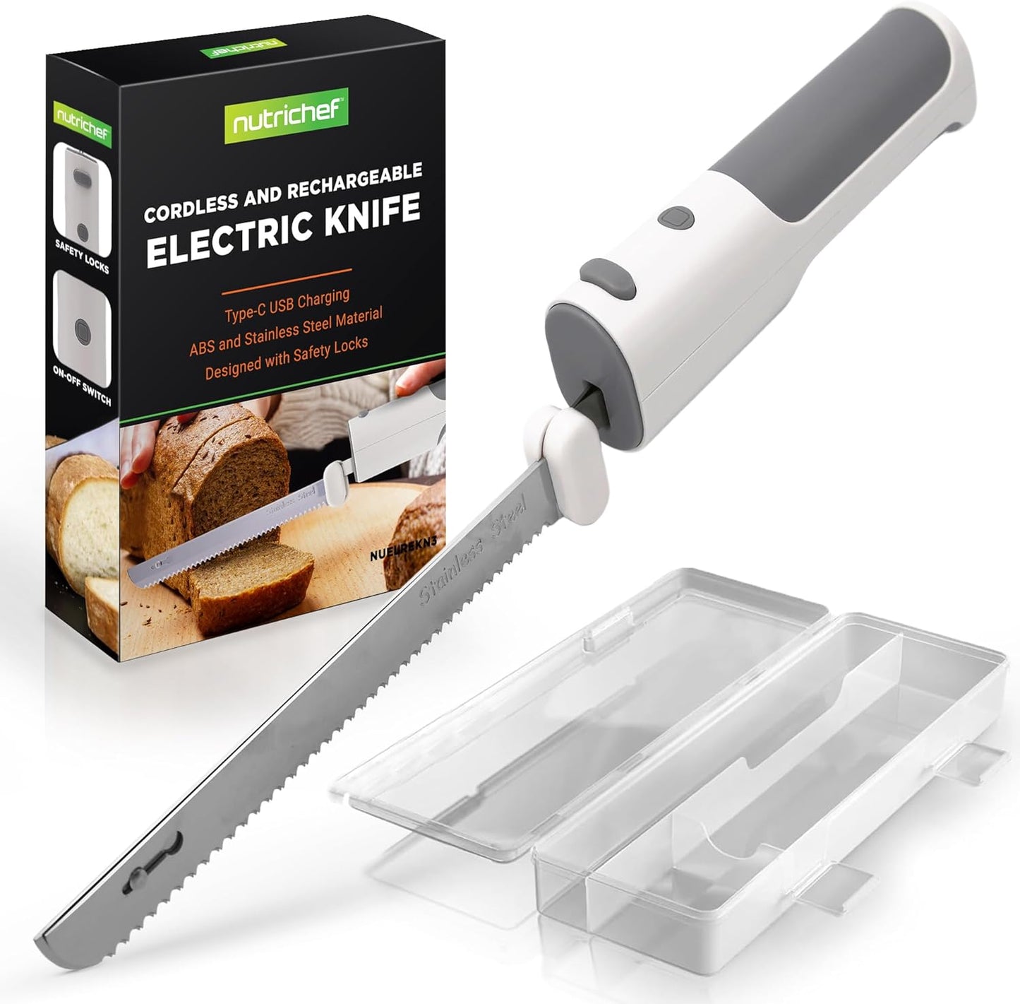 NutriChef Cordless Electric Knife | Easy to Use Constant ON/OFF Safety Function | Lightweight Kitchen Knife | Carve Turkey, Meats, Poultry, Bread & Cheese | 11.42’’ Stainless Steel Blades | Black