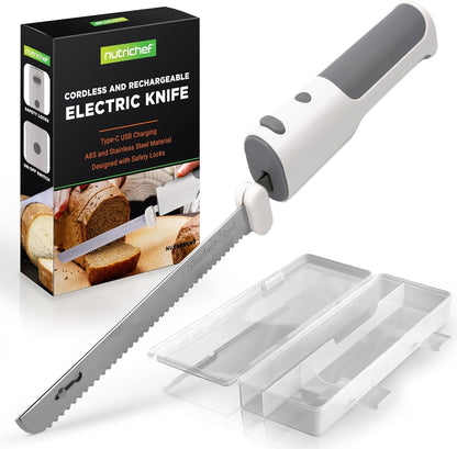 NutriChef Cordless Electric Knife | Easy to Use Constant ON/OFF Safety Function | Lightweight Kitchen Knife | Carve Turkey, Meats, Poultry, Bread & Cheese | 11.42’’ Stainless Steel Blades | Black