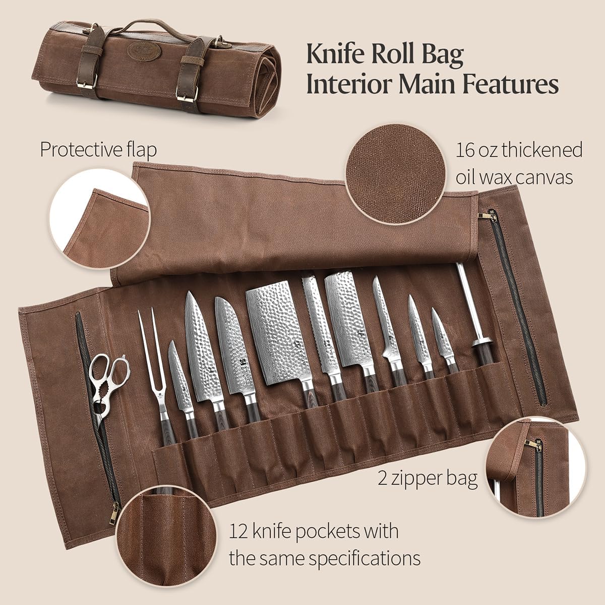 XINZUO Chef Knife Roll Bag Professional,16oz Waxed Canvas and Crazy Horse Leather,12 Slots Plus 2 Zipper Pockets,Adjustable Shoulder Strap-Travel Tool Roll Pouch(Bag Only)