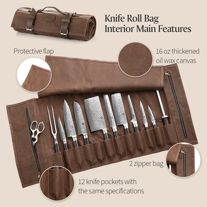 XINZUO Chef Knife Roll Bag Professional,16oz Waxed Canvas and Crazy Horse Leather,12 Slots Plus 2 Zipper Pockets,Adjustable Shoulder Strap-Travel Tool Roll Pouch(Bag Only)