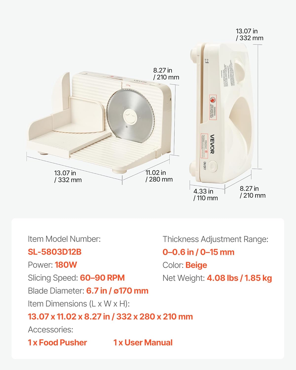 VEVOR Meat Slicer, 7.5 inch 200W Electric Deli Slicer Machine with SUS420 Blade, 0-0.6 inch Adjustable Thickness, ETL Certified Home Food-Slicer for Meat, Ham, Baguett, Steak