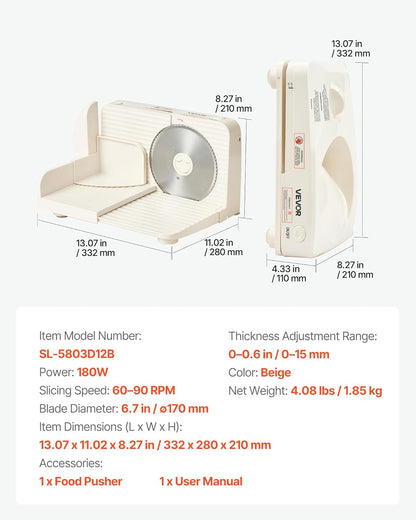 VEVOR Meat Slicer, 7.5 inch 200W Electric Deli Slicer Machine with SUS420 Blade, 0-0.6 inch Adjustable Thickness, ETL Certified Home Food-Slicer for Meat, Ham, Baguett, Steak