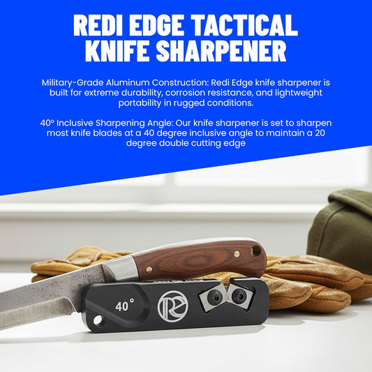 Redi-Edge Tactical Knife Sharpener - Military-Grade Pocket knife Sharpener with Duromite Sharpening Elements - Honing Rod with 40° Double Edge for Kitchen & Hunting - Compact Travel Knife Honing Rod