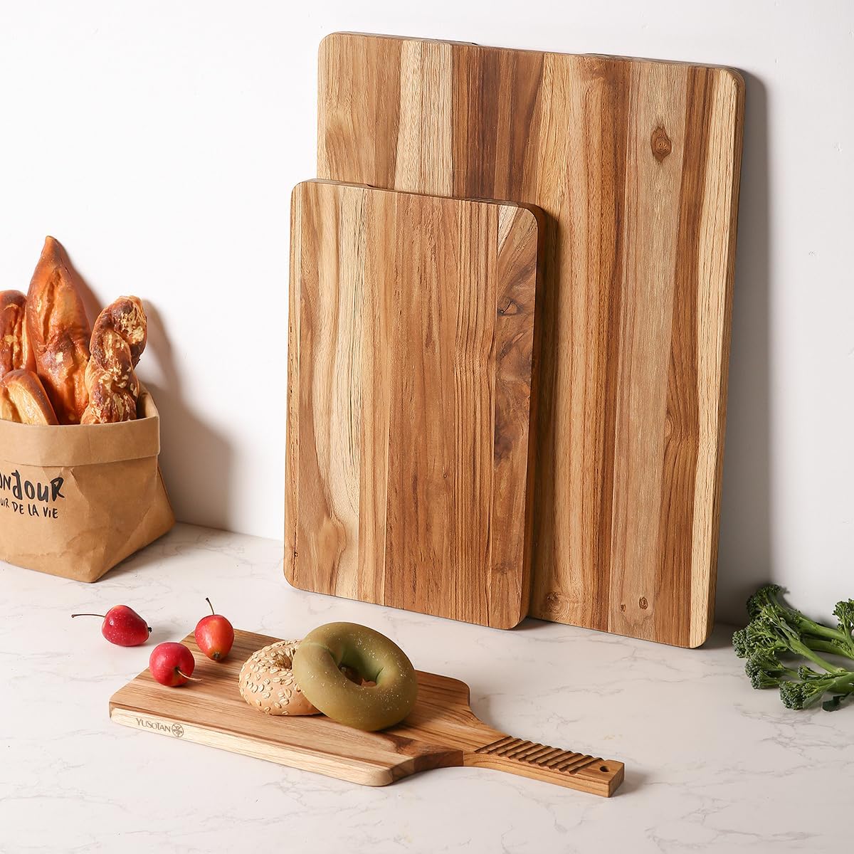 Teak Wood Cutting Board Set of 3 for Kitchen, Thick Chopping Board, Large Wooden Cutting Board Set, Wooden Trays for Turkeys, Meat, Fruit and Cheese