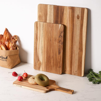Teak Wood Cutting Board Set of 3 for Kitchen, Thick Chopping Board, Large Wooden Cutting Board Set, Wooden Trays for Turkeys, Meat, Fruit and Cheese