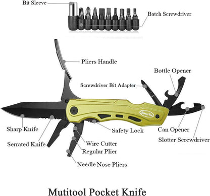 RoverTac Pocket Knife, 15-in-1 Multitool with Pliers, Bottle & Can Opener, 9 Screwdriver Bits, Locking Mechanism & Nylon Sheath - EDC Multi Tool for Camping, Hiking & DIY, Gift for Men & Dad