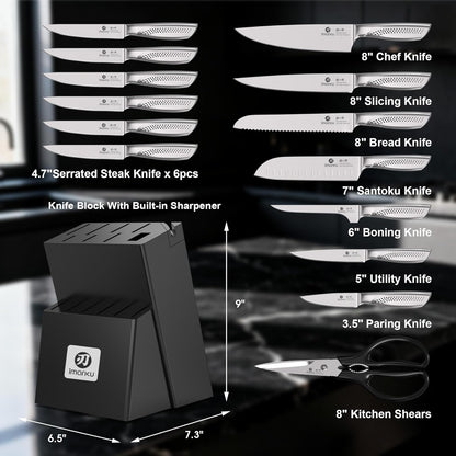 imarku Kitchen Knife Set with Block and Built-in Sharpener, Japanese Stainless Steel 14-Piece Knife Set with Utility Knife, Dishwasher Safe, Non-Slip Ergonomic Handles, Essential Gift for Home Cooks