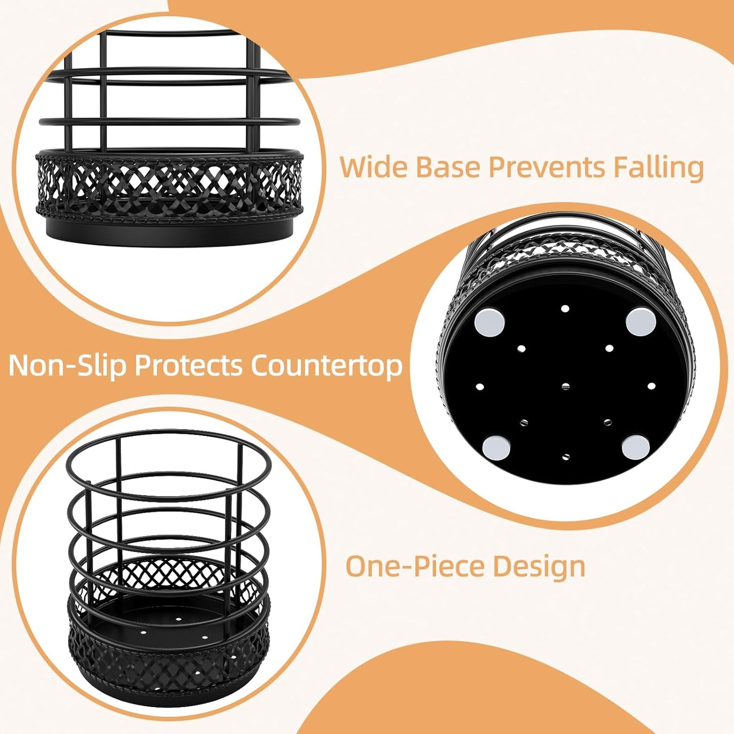 Kitchen Utensils Holder with 5 Compartments, Corner Utensil Caddy for Countertop, Black Large Wooden Utensil Organizer for Kitchen Countertop for Silverware Spoon Spatula