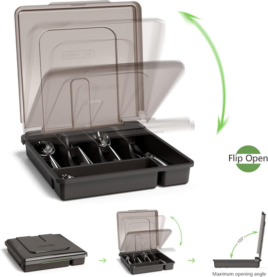𝐅𝐥𝐚𝐭𝐰𝐚𝐫𝐞 𝐎𝐫𝐠𝐚𝐧𝐳𝐢𝐞𝐫 𝐰𝐢𝐭𝐡 𝐋𝐢𝐝, Plastic Silverware Tray for Drawer, 5 Compartments Utensil Holder for Countertop, Navy Blue