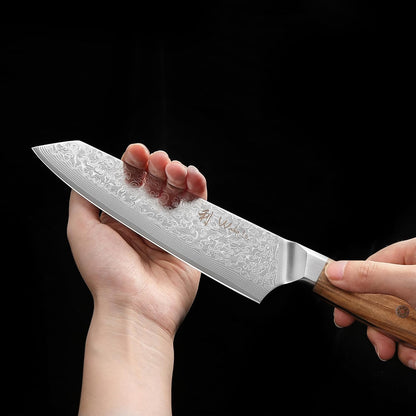 Wakoli Oribu Damascus Kiritsuke Chef’s Knife – Full Tang Kitchen Knife with 8-Inch Blade made of 67-Layer Genuine Damascus Steel and VG10 Core – Ergonomic Olive Wood Handle in Elegant Gift Box