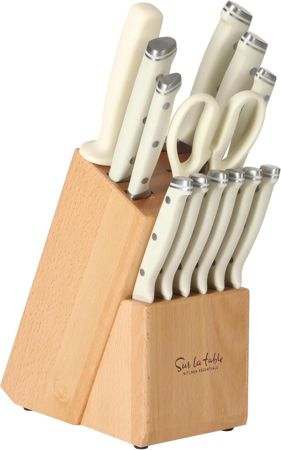 Sur La Table Kitchen Essentials Knife Set with Block, 14-Piece Forged German Steel Kitchen Knives, Beech Wood Block, Chef, Santoku, Bread & Steak Knives, Shears & Sharpener – Linen White