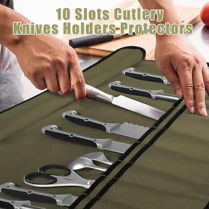 Chef Knife Bag With 24 Slots Cutlery Knives Holders Protectors, Kitchen Travel Cooking Tools, Portable Canvas Knife Roll Storage Bag Chef Case for Camping or Working with an Adjustable Shoulder Strap