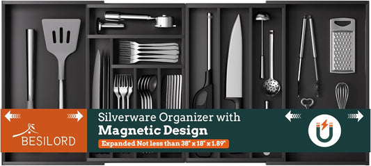 Silverware Organizer Large, Magnetic Connected Expandable 11 Slots Silverware Drawer Organizer From 21 to 37.4 Inches, Adjustable Flatware and Cutlery Holder, Bamboo Utensil Tray for Kitchen Natural
