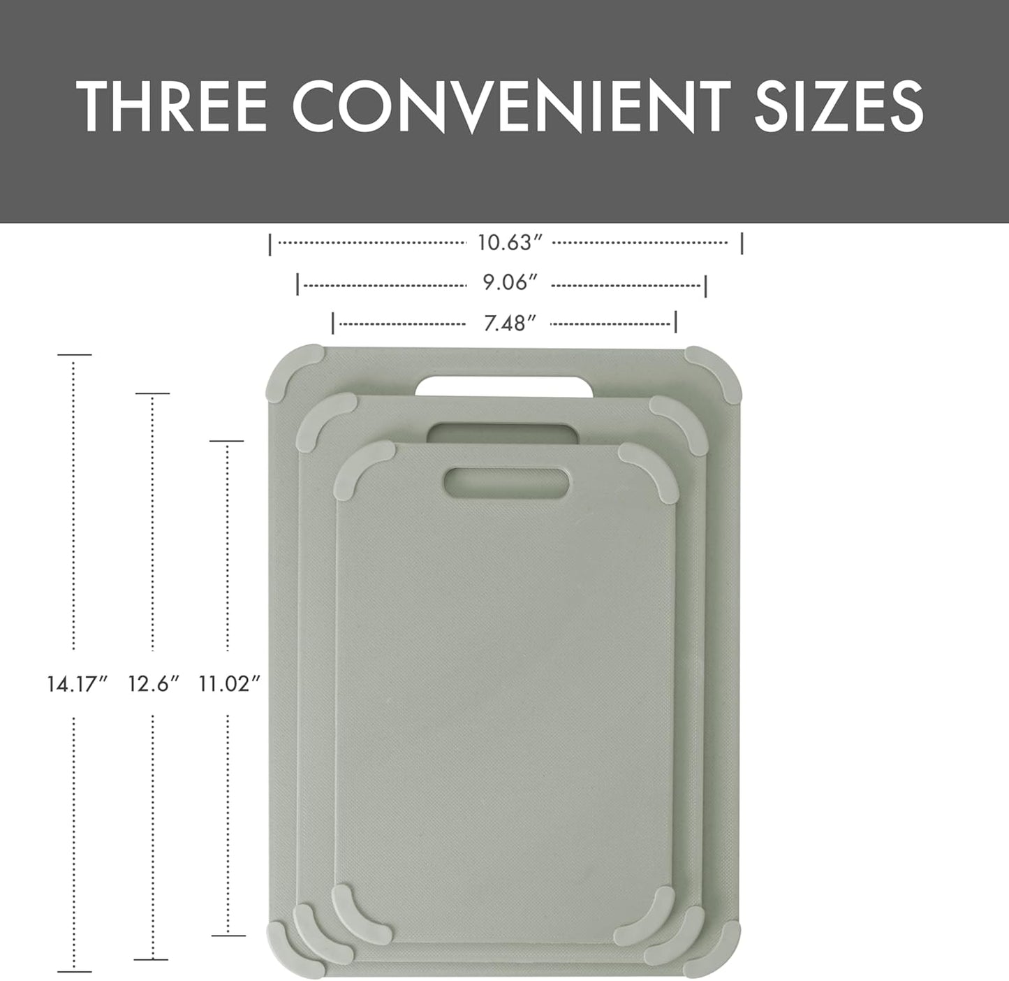 Dexas Fresh Prep 3-Pack Non-Slip Cutting Board Set – Dishwasher Safe Plastic Boards with Silicone Grip Corners & Handle, Sage (14.17" x 10.63", 12.6" x 9.06", 11.02" x 7.48")