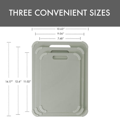 Dexas Fresh Prep 3-Pack Non-Slip Cutting Board Set – Dishwasher Safe Plastic Boards with Silicone Grip Corners & Handle, Sage (14.17" x 10.63", 12.6" x 9.06", 11.02" x 7.48")
