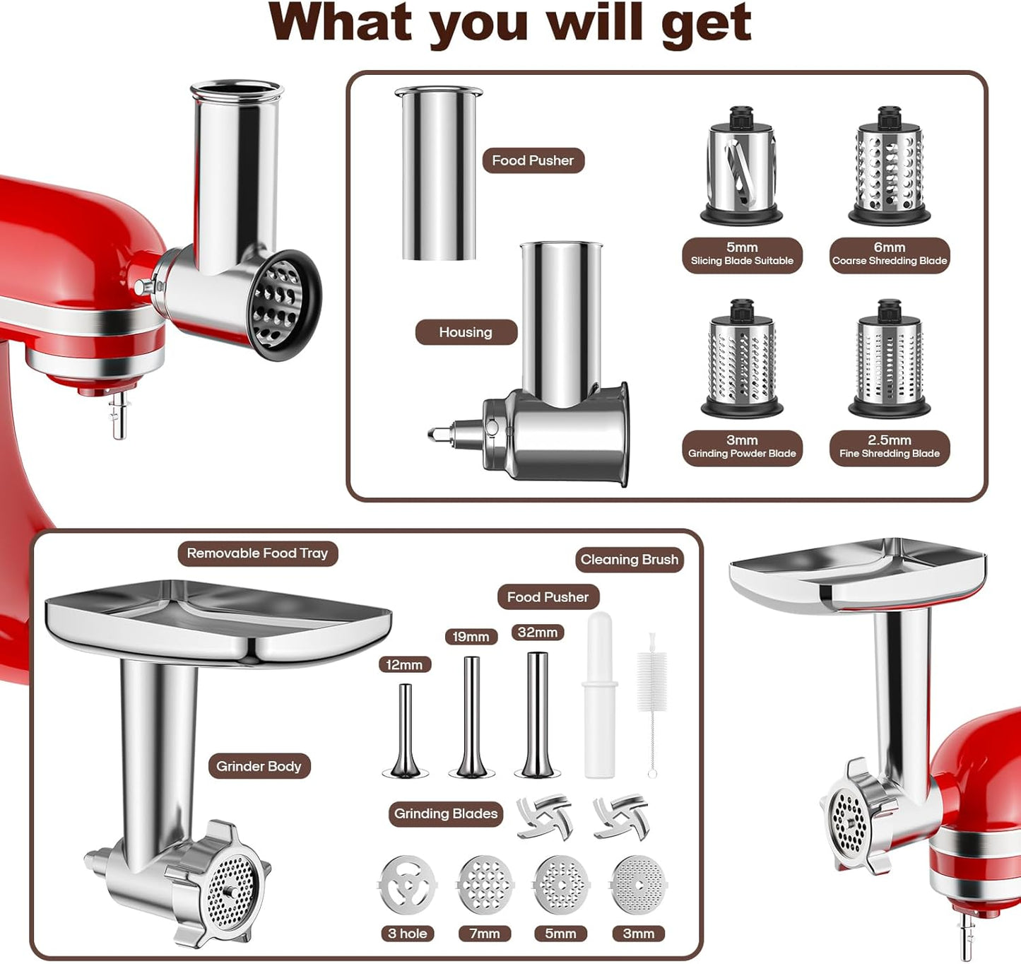 Meat Grinder & Stainless Steel Cheese Grater Attachment for KitchenAid Stand Mixer - 2 Pcs Kitchen Aid Accessories and Attachments Including Slicer Shredder and Food Grinder Attachment