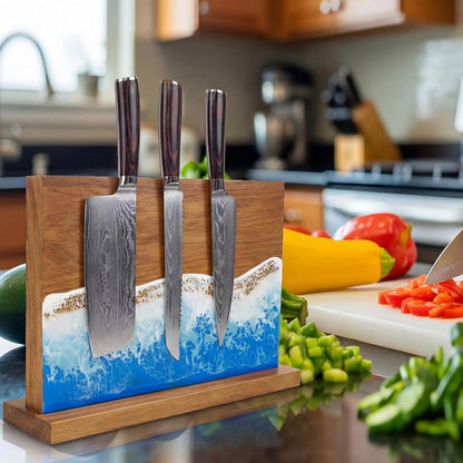 Magnetic Knife Block Double Sided Magnetic Knife Board Acacia Wood Blue Resin Ocean River Magnet Knives Holder Stand for Kitchen Storage Counter Gifts for New Home 13 x 10 Inch Without Knives