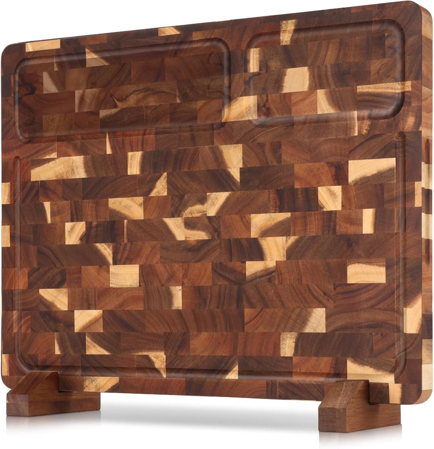 End Grain Cutting Board Double Sided, Walnut Wood Cutting Boards Butcher Block for Kitchen, Wooden Chopping Board with Deep Juice Groove, Handles, Stands & Mineral Oil Kit, 16.8" x 12.9" x 1"