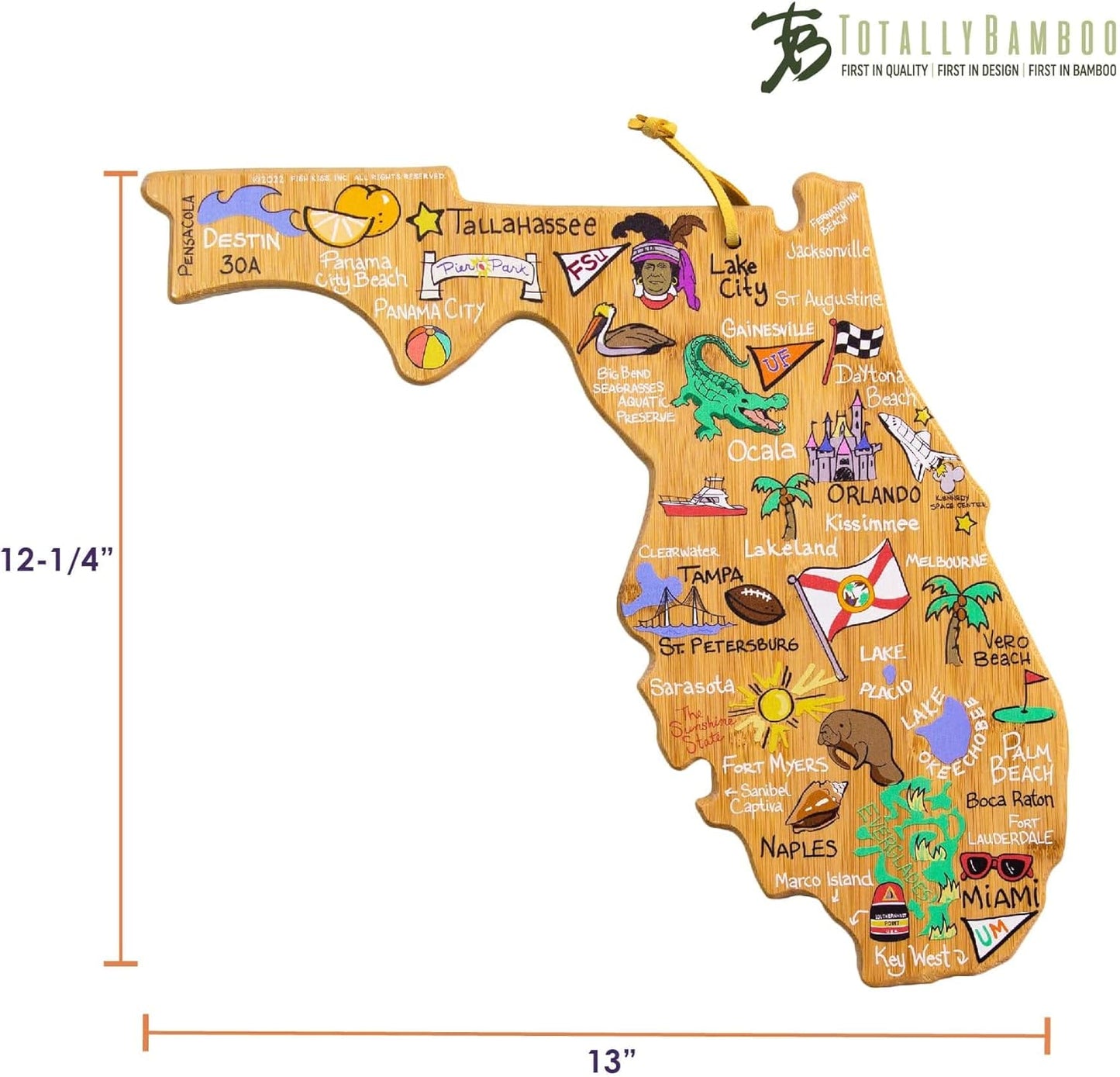 Totally Bamboo Tennessee State Shaped Cutting Board and Charcuterie Serving Platter with Artwork by Fish Kiss, Includes Hang Tie for Wall Display - Colors A
