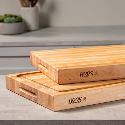 John Boos Handle Boards Series Rectangular Wooden Maple Cutting Board 24”x18” – 2.25” Thick, 30-lb Reversible Butcher Block with Juice Groove, Edge-Grain & Metal Handles