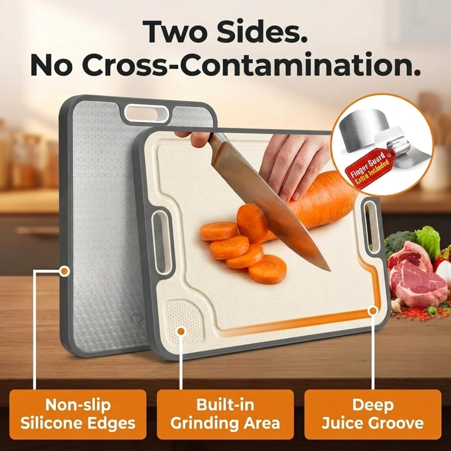 JBN Pure Titanium Cutting Board for Kitchen - Non-Toxic, Double Sided, Dishwasher Safe | Includes Stainless Steel Finger Guard | Non-Slip | 15.08"×10.43" Large Chopping Board