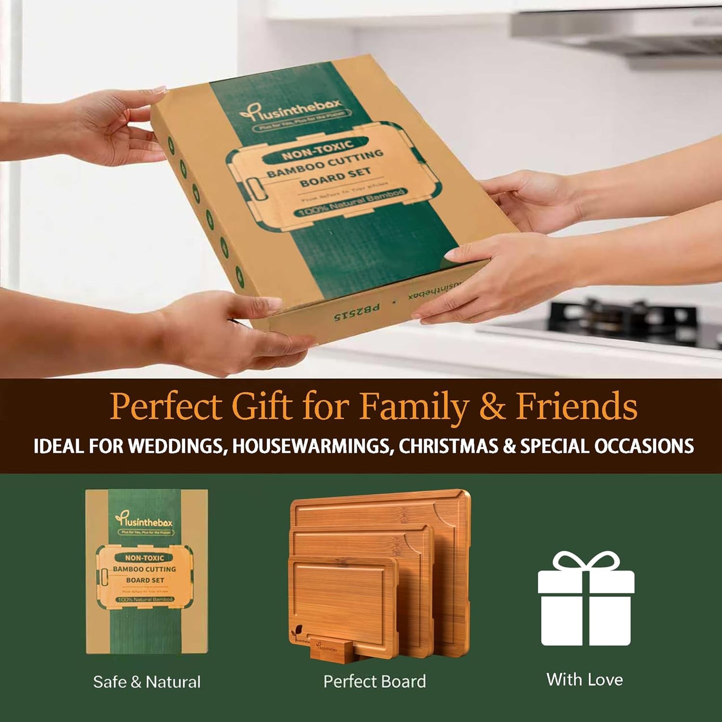 Cutting Boards for Kitchen, Bamboo Cutting Board Set of 3 with Storage Stand, Deep Carbonized Chopping Boards with Deep Juice Grooves and Side Handles for Meat, Vegetables, Fruit and Meal Prep