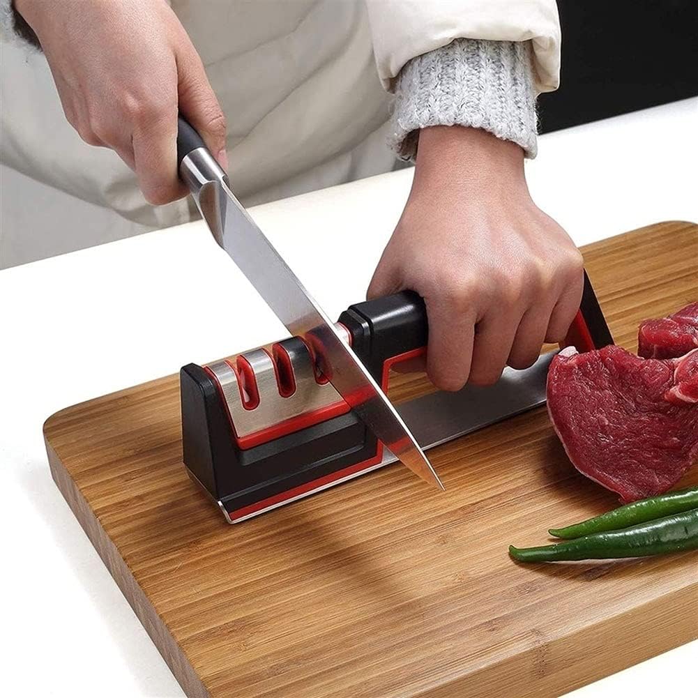 3-Stage Knife Sharpener - Pull-Through Manual Sharpening System with Ergonomic Handle Grip to Restore and Sharpen Straight Kitchen Knives