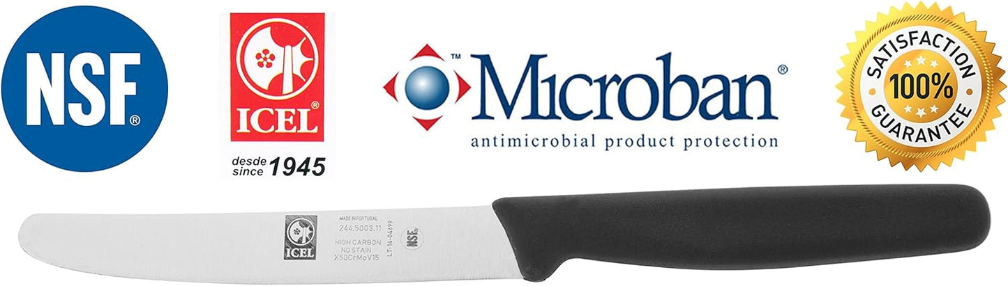 ICEL 4.25 Inch Straight Edge Round Tip Paring Knife, High Carbon German Stainless Steel Blade, Factory-Sharp Edge, Non-Slip Textured Blue Polypropylene Handle
