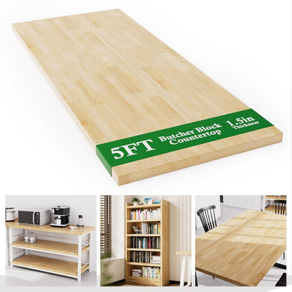 4FT Butcher Block Countertop Birch Solid Wood - 50" x 25" Table Top Butcher Block Cutting Board for Kitchen Island Cart Living Dining Office Desk Workbench Washer Dryer Countertop Unfinished 1.5" Th